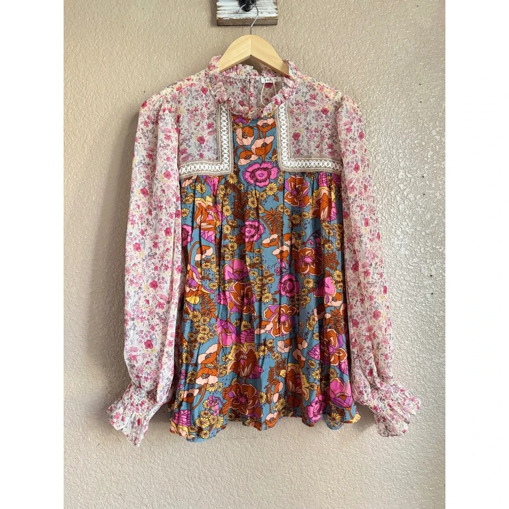 Jodifl Women Floral Patchwork Boho Babydoll Blouse Balloon Sleeve Blue Pink M